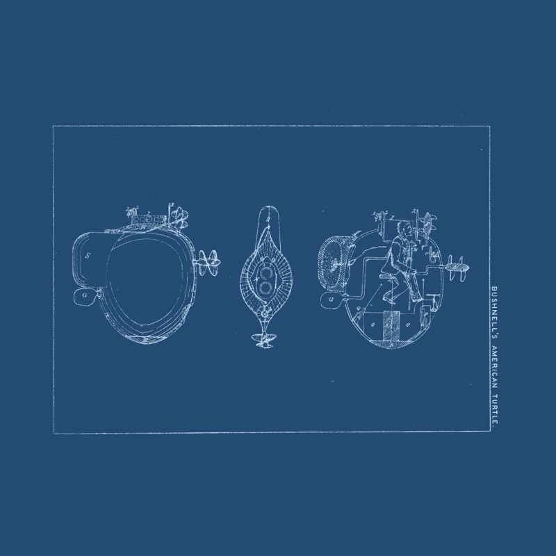 Bushnell's American Turtle three-view plate in blueprint style, showing exterior, top-down, and cutaway views.