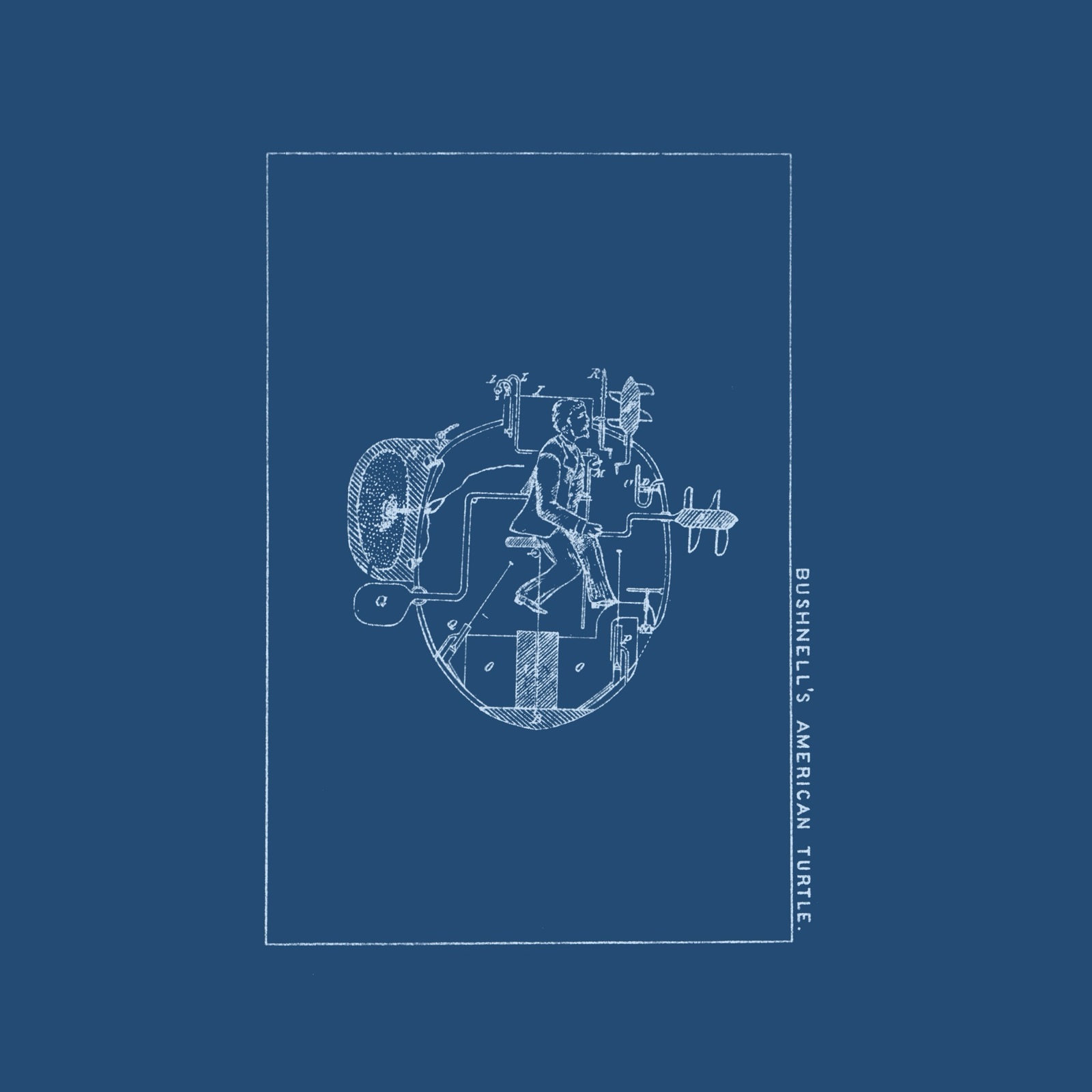 Bushnell's American Turtle submarine, blueprint reinterpretation of the 1875 Barber cutaway drawing showing the operator inside the vessel with all mechanisms visible.